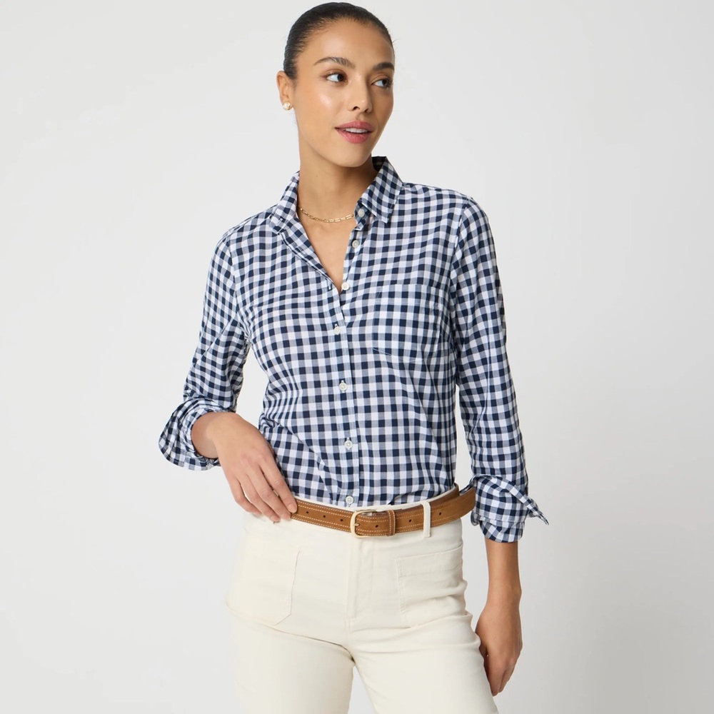 J Crew Factory Button Down Navy Gingham Womens Shirt Size S 90s Butter Mom
